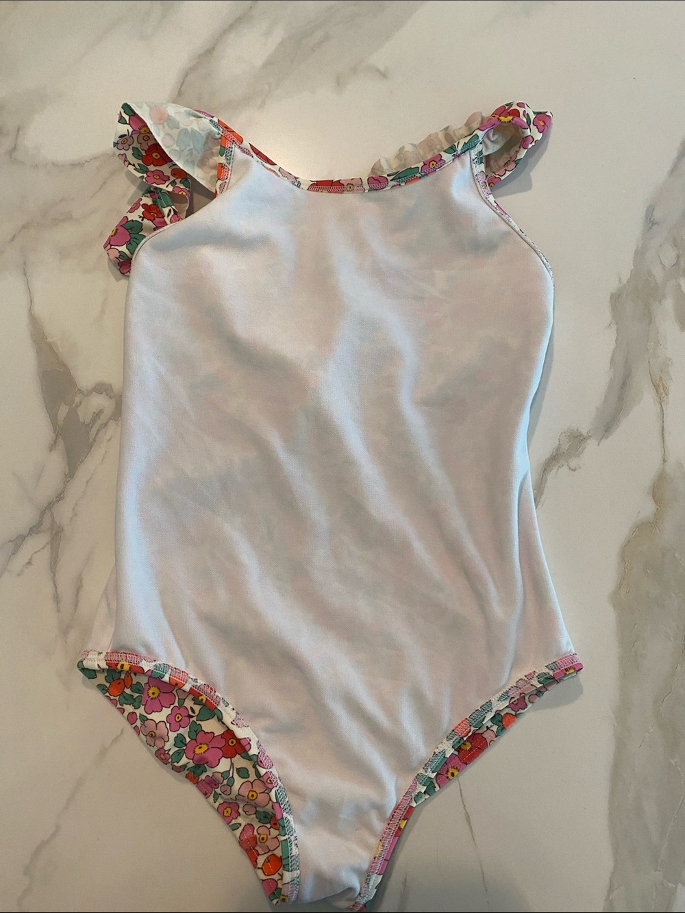 Mini Boden Frill Strap one piece swimsuit floral w/off white background - Picture 4 of 5